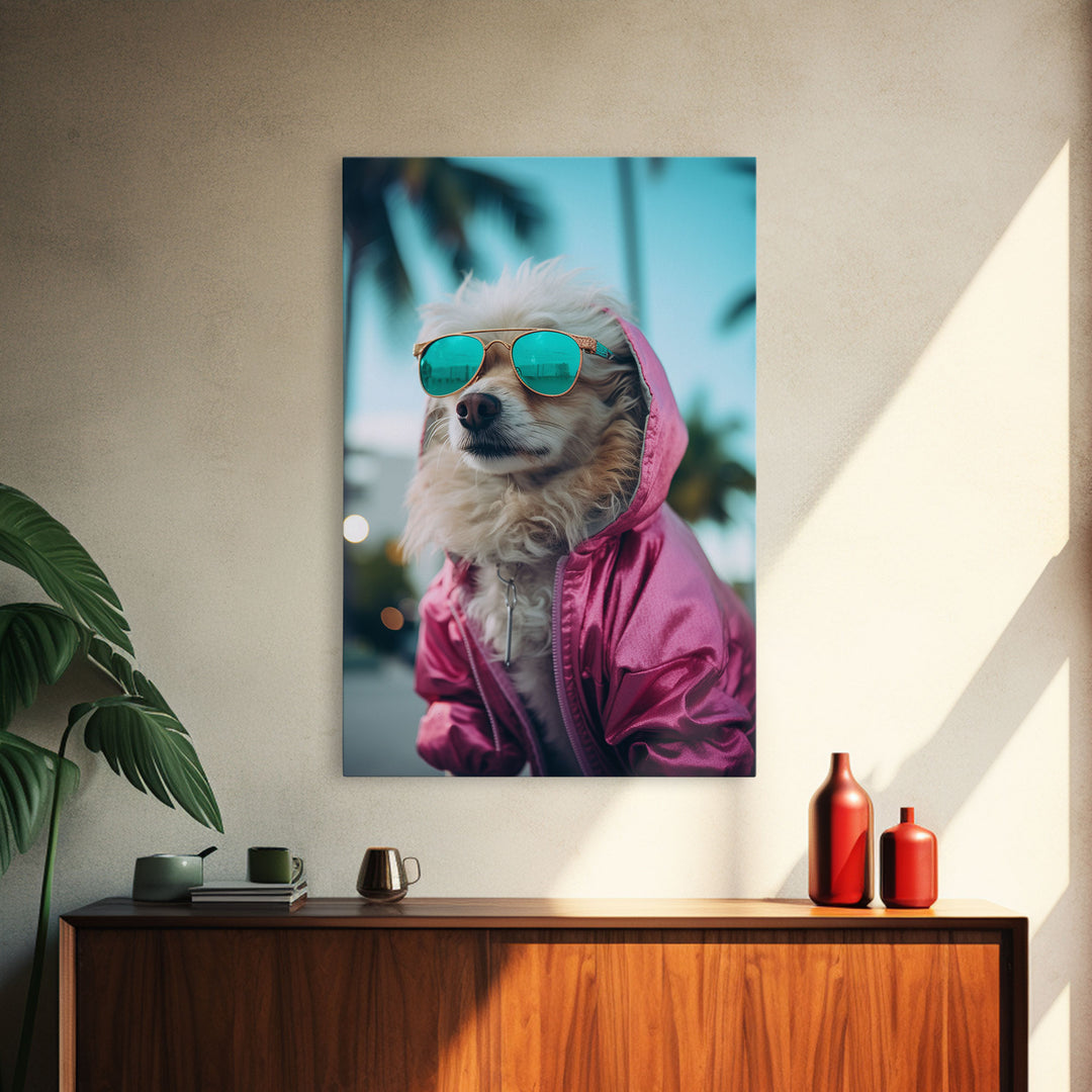 Pomeranian Wall Print, Dog Wall Art, Dog With Shades, Pink Shirt, Funny Wall Art, Framed Wall Art, Framed Canvas, Wall Print, Wall Canvas