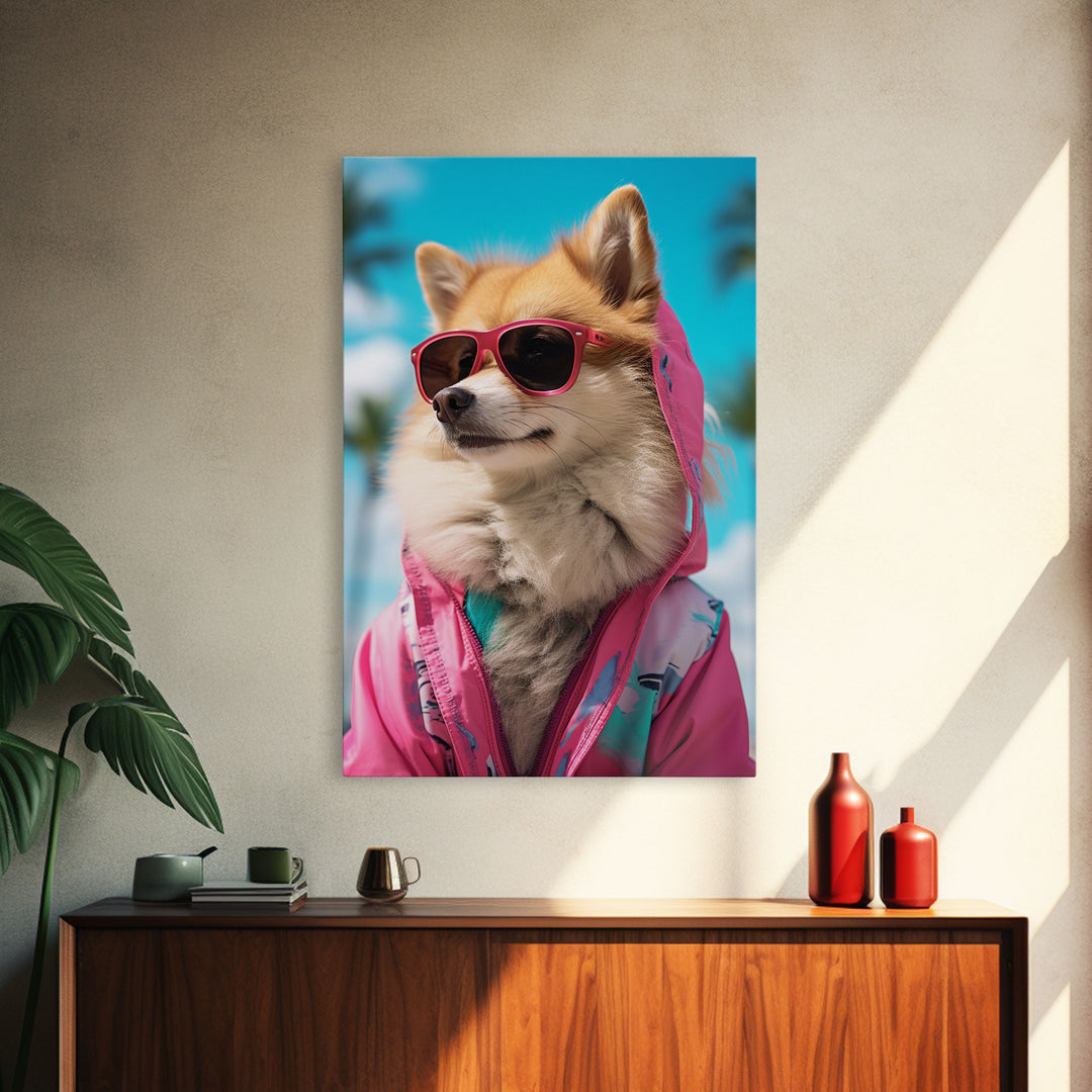 Pomeranian Wall Print, Dog With Shades, Dog Wall Art, Pink Shirt, Funny Wall Art, Framed Wall Art, Framed Canvas, Wall Print, Wall Canvas