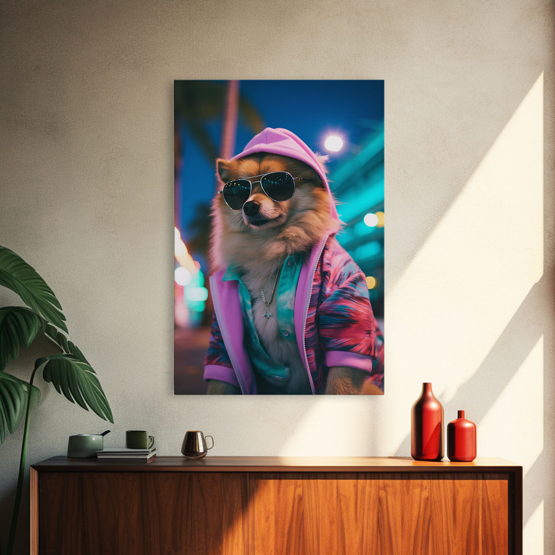 Pomeranian Wall Print, Dog Wall Art, Dog With Shades, Pink Hoodie, Funny Wall Art, Framed Wall Art, Framed Canvas, Wall Print, Wall Canvas