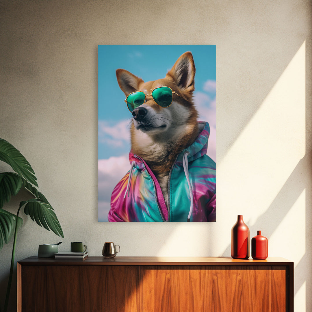 Shiba Inu Wall Print, Dog Wall Art, Dog With Shades, Colorful Hoodie, Funny Art, Framed Wall Art, Framed Canvas, Wall Print, Wall Canvas