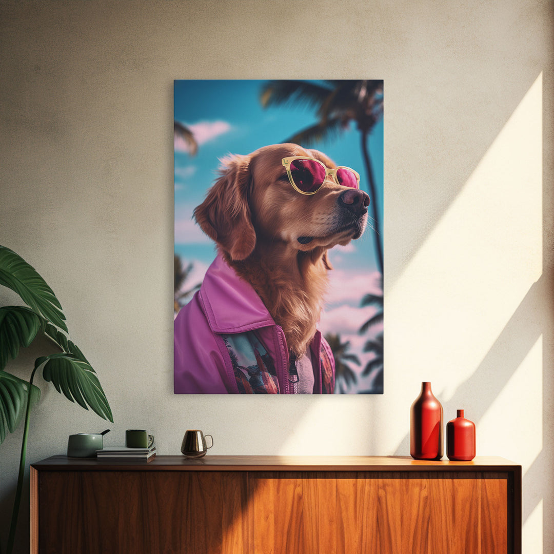 Golden Retriever Wall Print, Dog Wall Art, Dog With Shades, Pink Hoodie, Funny Art, Framed Wall Art, Framed Canvas, Wall Print, Wall Canvas