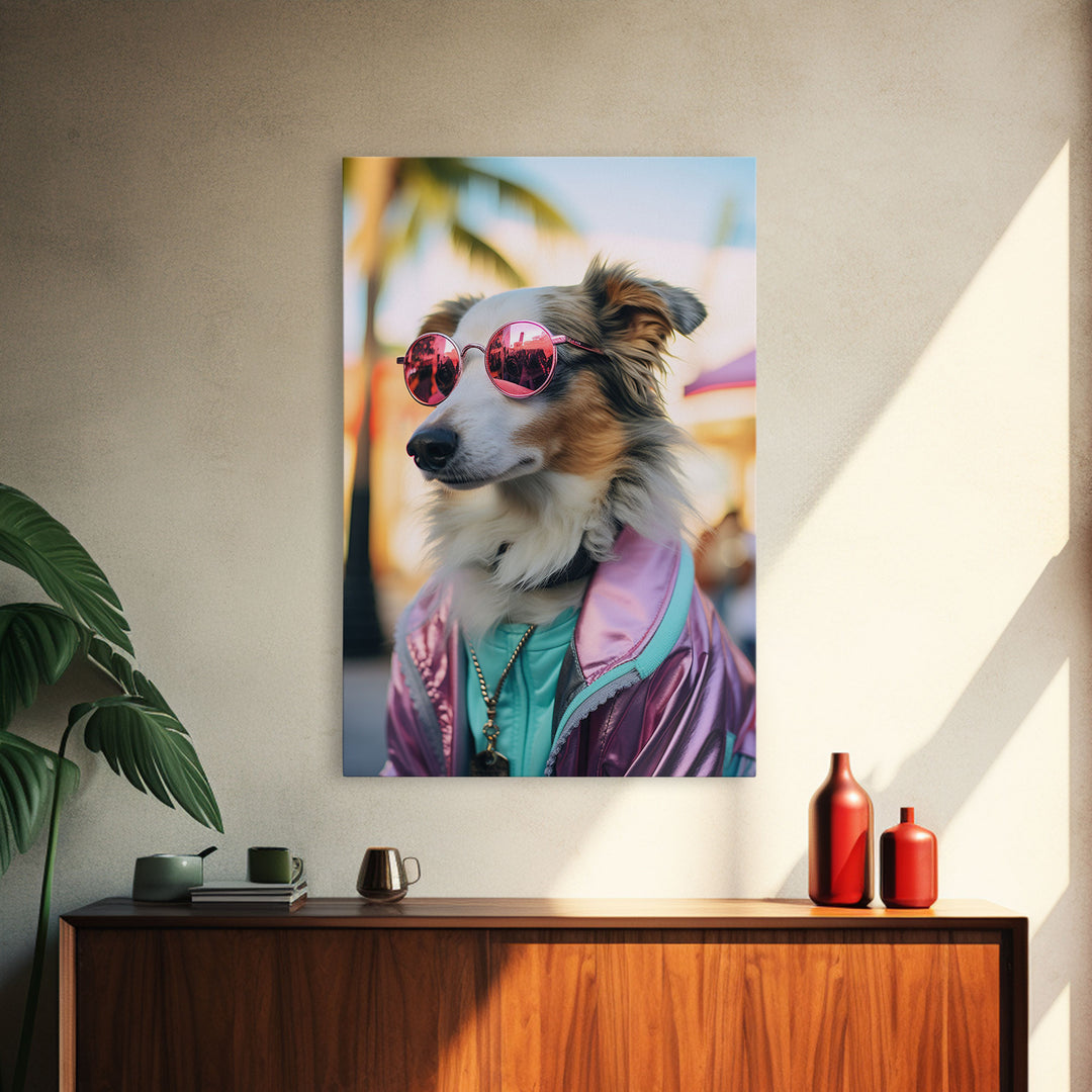 Border Collie Wall Print, Dog Wall Art, Dog With Shades, Pink Hoodie, Funny Art, Framed Wall Art, Framed Canvas, Wall Print, Wall Canvas