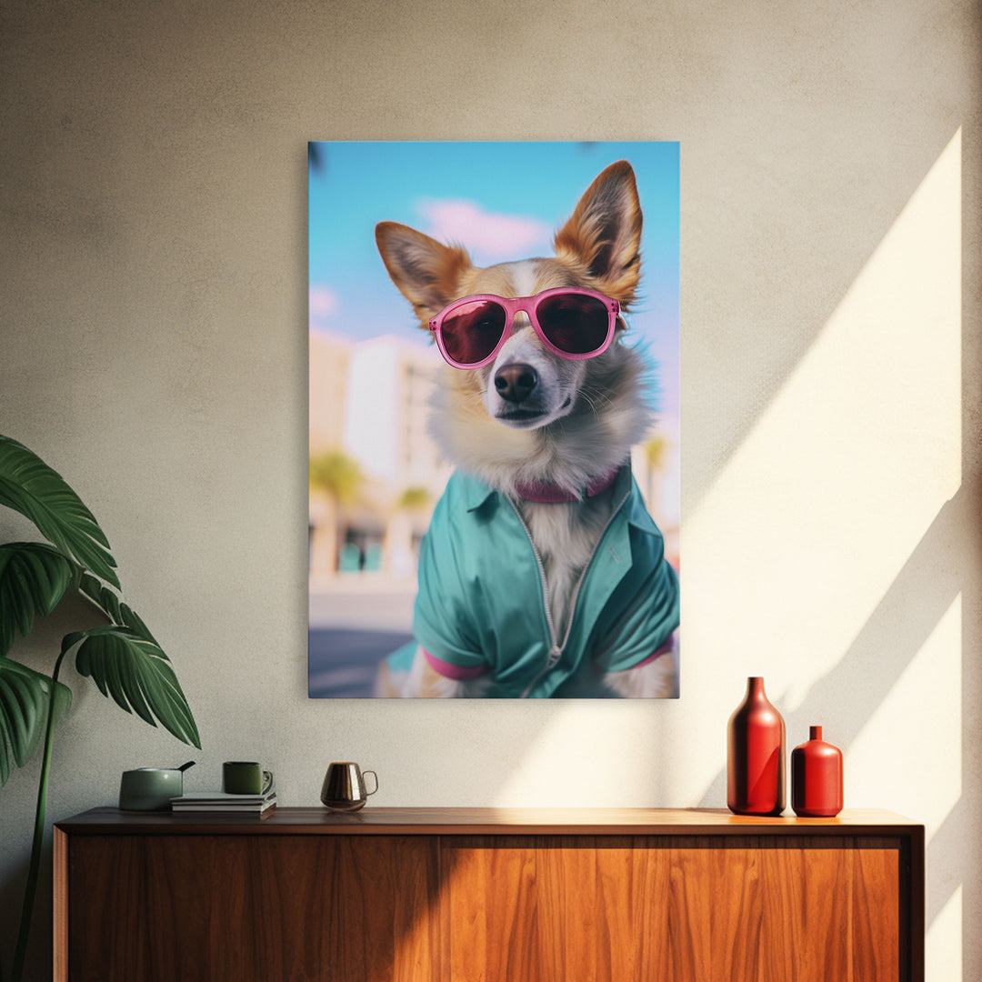 Corgi Wall Print, Dog Wall Art, Dog Sunglasses, Teal Shirt, Funny Wall Art, Framed Wall Art, Framed Canvas, Wall Print, Wall Canvas