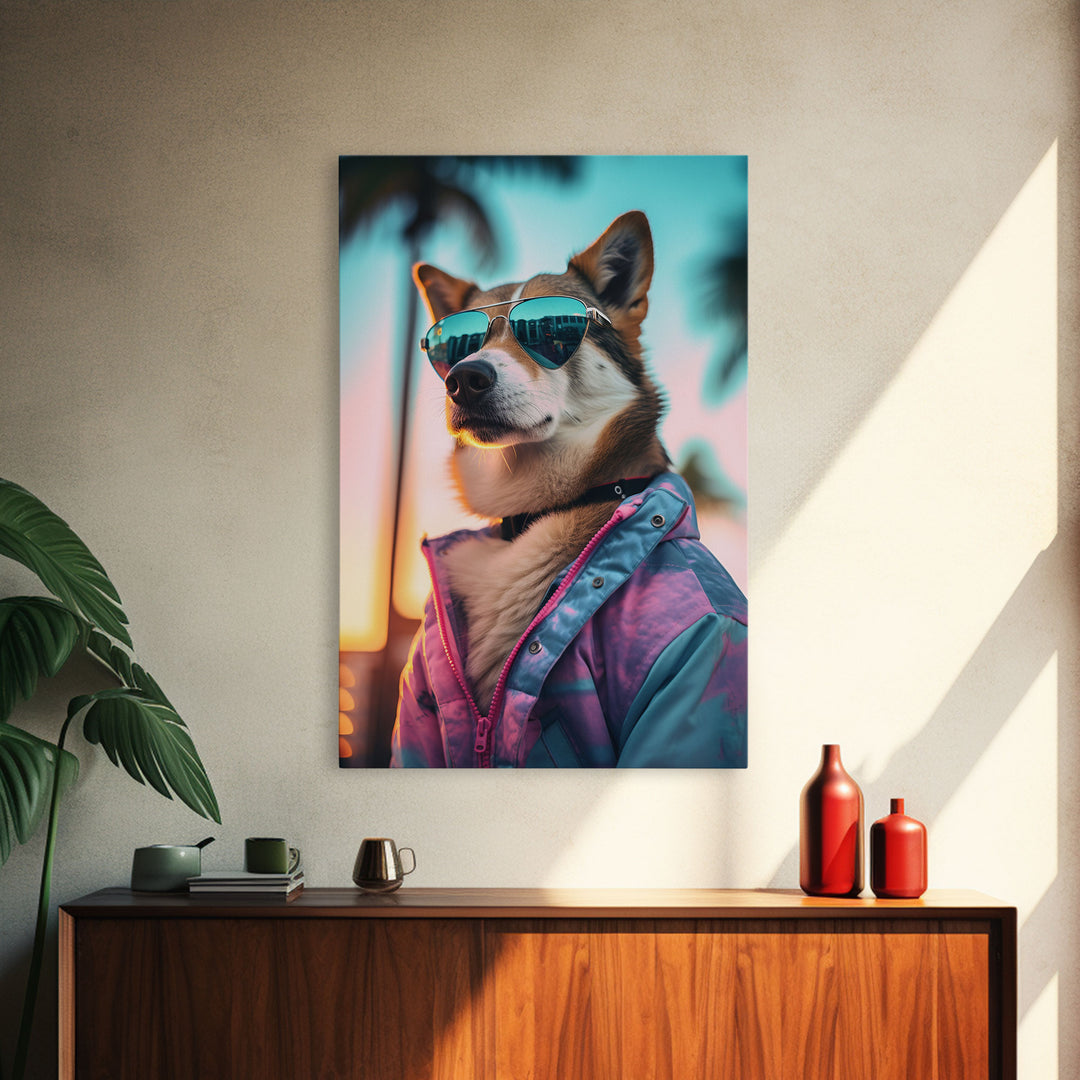 Shiba Inu Wall Print, Dog Art, Dog Sunglasses, Pink Teal Hoodie, Funny Wall Art, Framed Wall Art, Framed Canvas, Wall Print, Wall Canvas