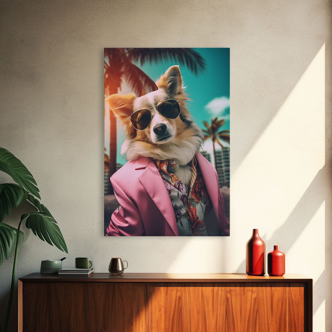 Corgi Wall Print, Dog Wall Art, Dog Sunglasses, Pink Suit, Floral Shirt, Funny Art, Framed Wall Art, Framed Canvas, Wall Print, Wall Canvas