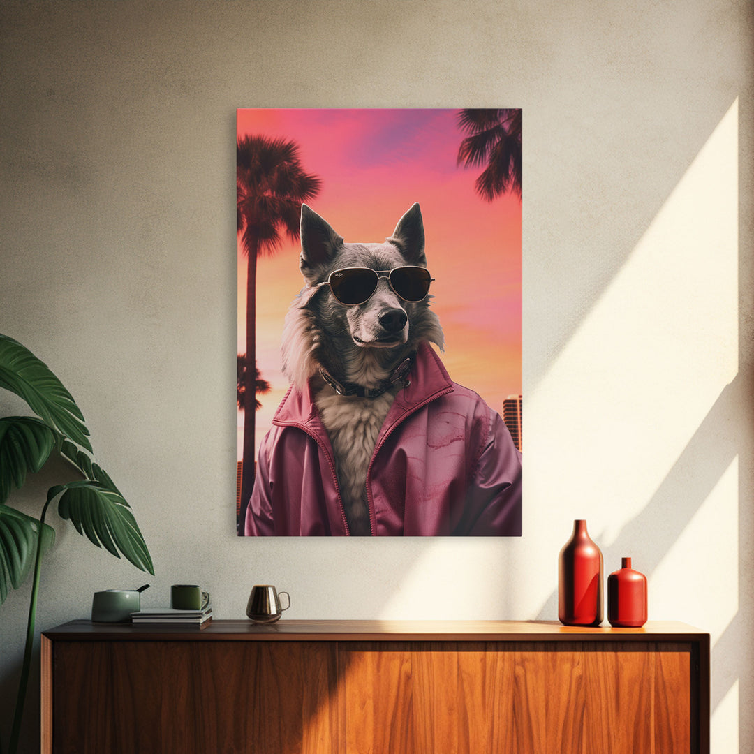 Wolfdog Wall Print, Dog Wall Art, Dog Sunglasses, Dog In Pink Jacket, Funny Art, Framed Wall Art, Framed Canvas, Wall Print, Wall Canvas