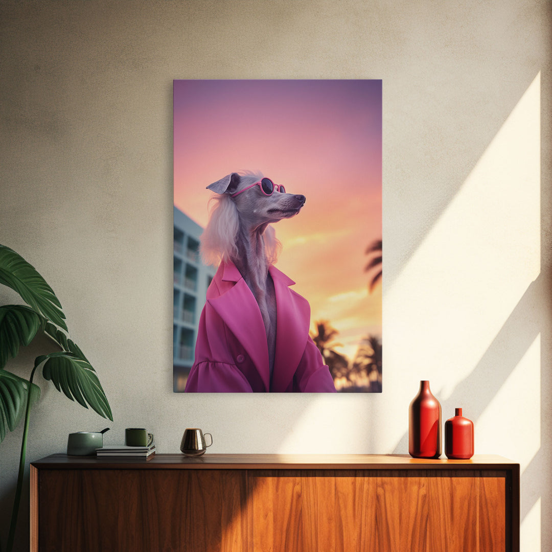 Afghan Hound Wall Print, Dog Wall Art, Dog Sunglasses, Dog In Pink Suit, Funny Art, Framed Wall Art, Framed Canvas, Wall Print, Wall Canvas