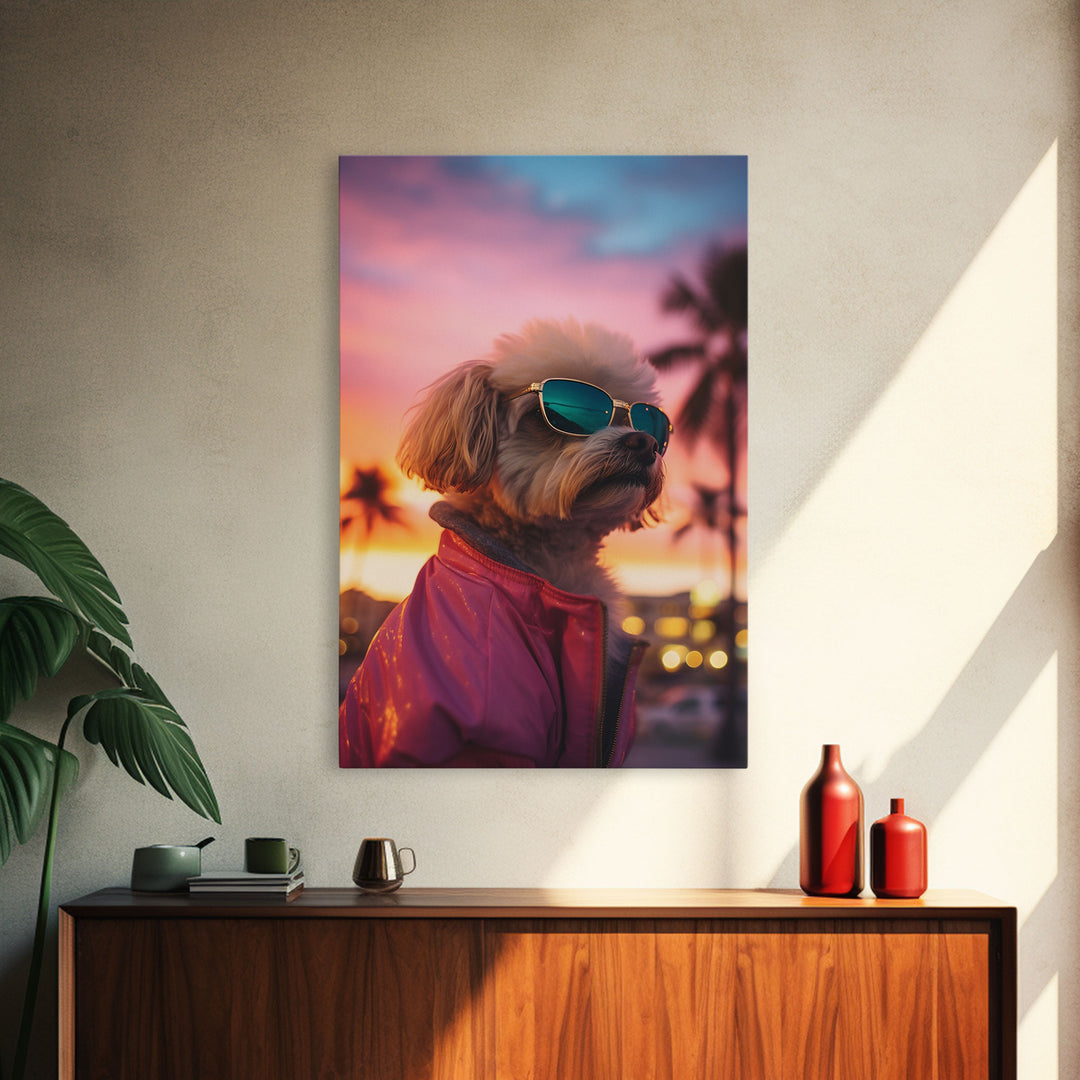 Shih Tzu Wall Print, Dog Portrait, Dog Sunglasses, Dog In Pink Jacket, Funny Art, Framed Wall Art, Framed Canvas, Wall Print, Wall Canvas