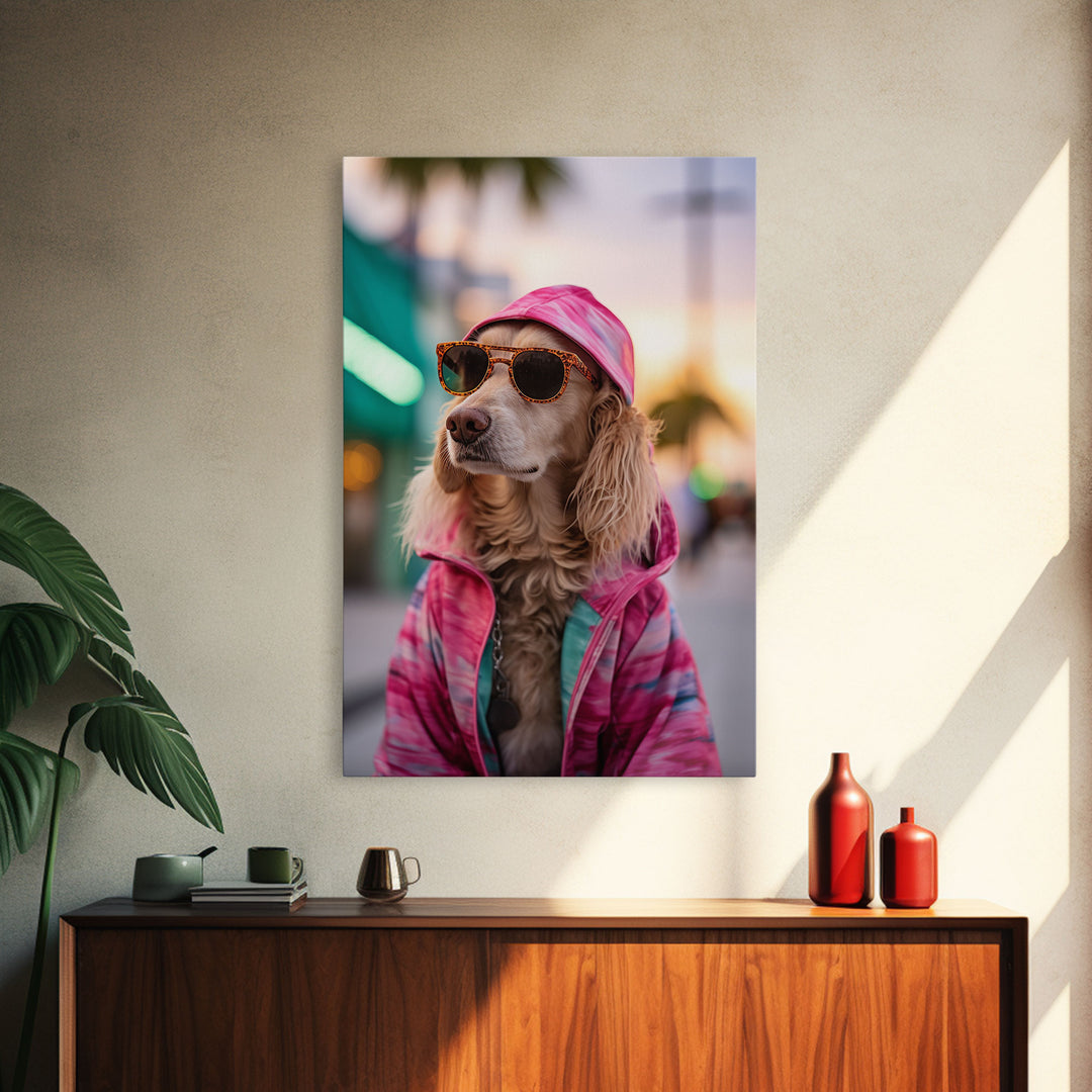 Cocker Spaniel In Sunglasses Pink Shirt Wall Print, Dog Portrait, Dog Art Print, Framed Wall Art, Framed Canvas, Wall Print, Wall Canvas