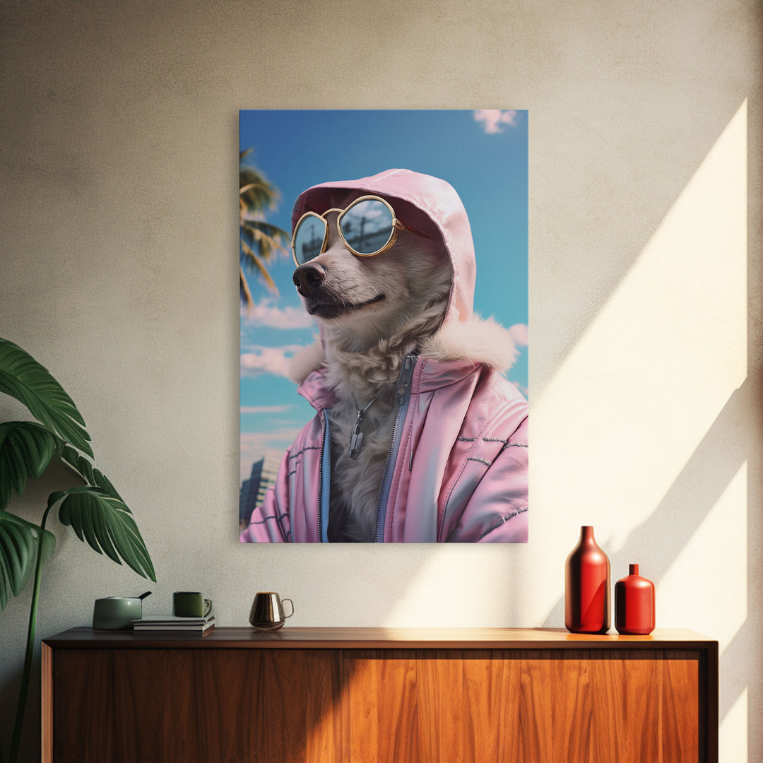 Japanese Spitz In Sunglasses Pink Hoodie Wall Print, Dog Portrait, Dog Art Print, Framed Wall Art, Framed Canvas, Wall Print, Wall Canvas