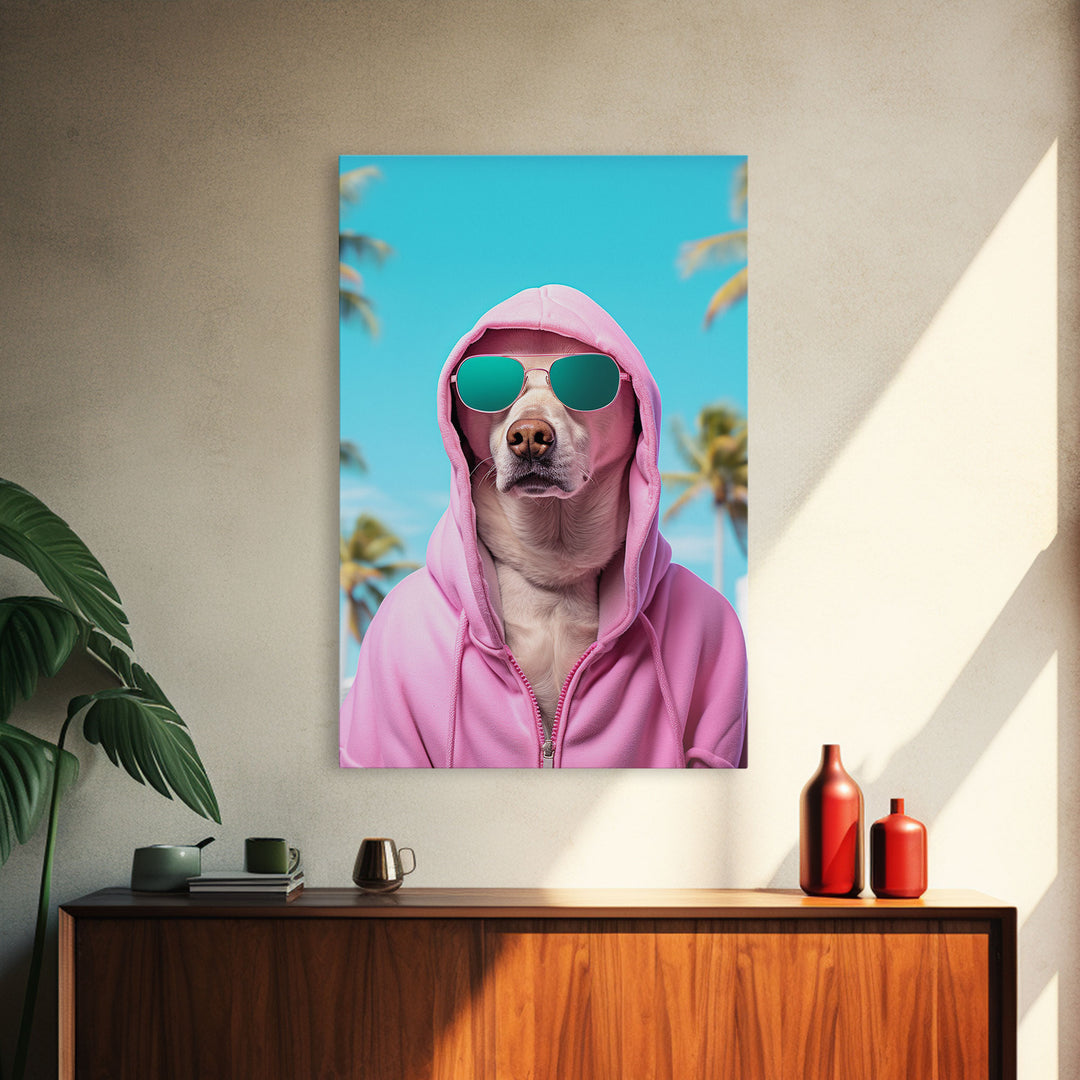 Labrador In Pink Hoodie Sunglasses Wall Print, Dog Portrait, Dog Art Print, Framed Wall Art, Framed Canvas, Wall Print, Wall Canvas