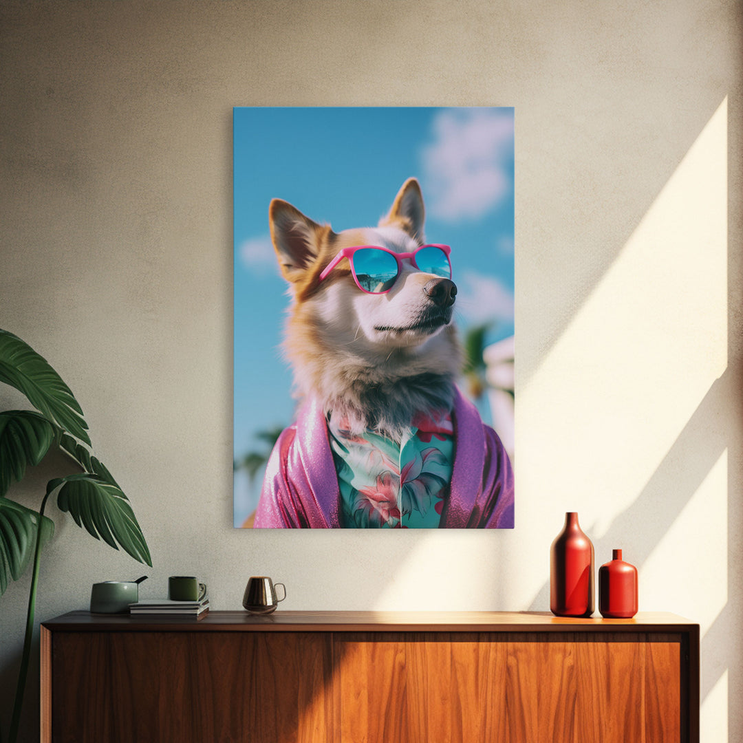 Corgi In Pink Suit Sunglasses Wall Print, Animal Print, Dog Portrait, Dog Art Print, Framed Wall Art, Framed Canvas, Wall Print, Wall Canvas