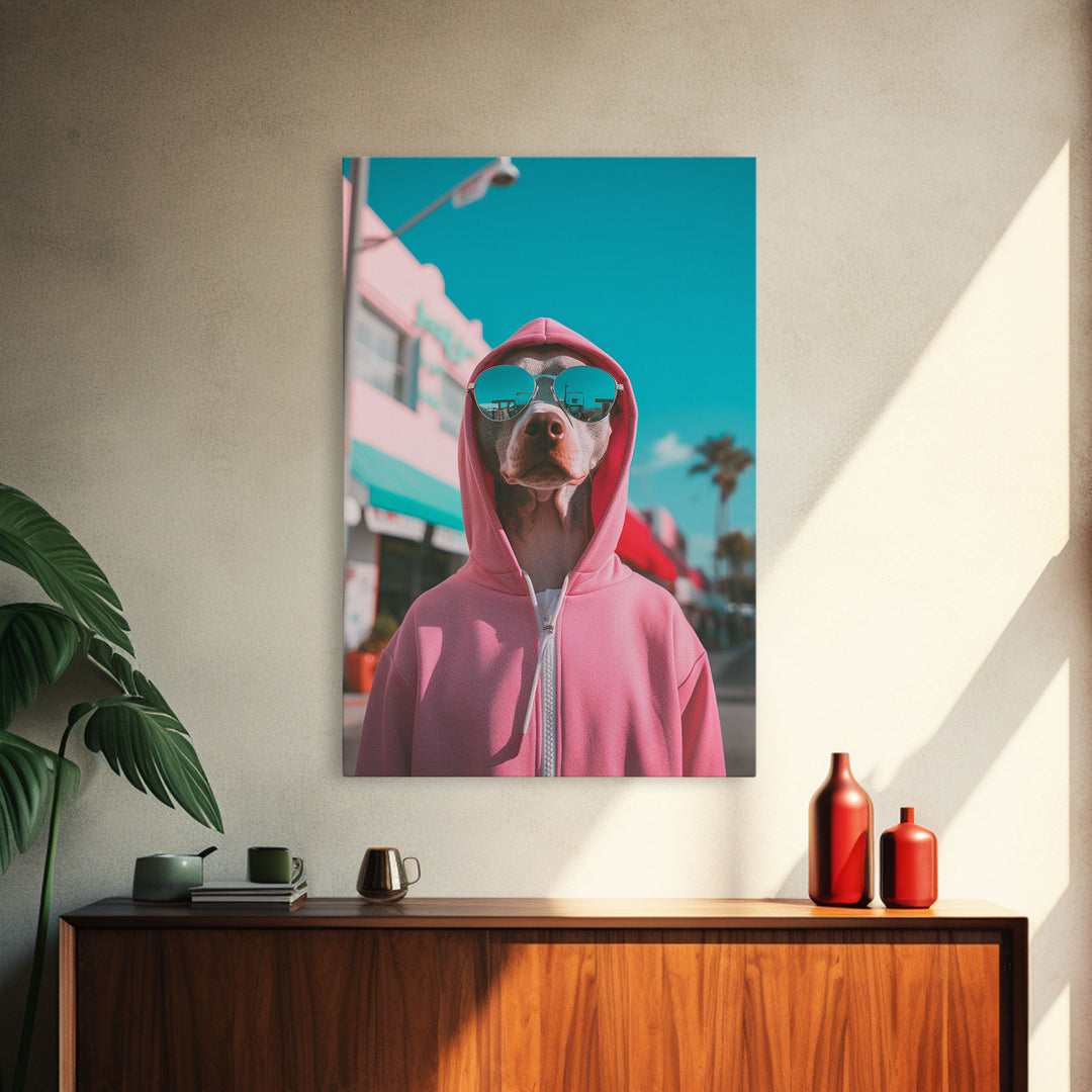 Whippet In Pink Hoodie Sunglasses Wall Print, Dog Art, Dog Portrait, Dog Art Print, Framed Wall Art, Framed Canvas, Wall Print, Wall Canvas