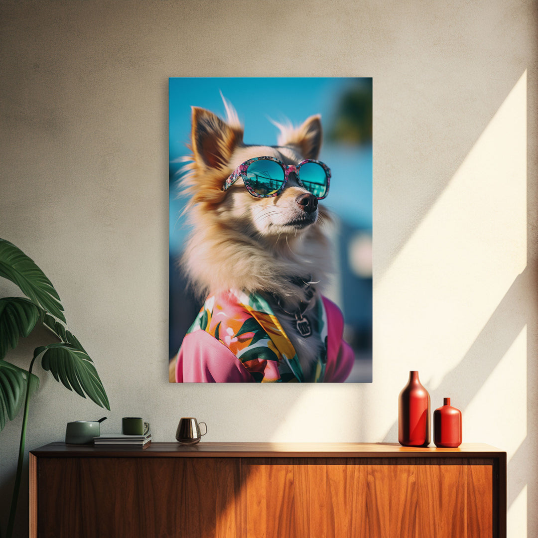 Long Haired Chihuahua In Pink Suit Sunglasses Wall Print, Dog Portrait, Dog Print, Framed Wall Art, Framed Canvas, Wall Print, Wall Canvas