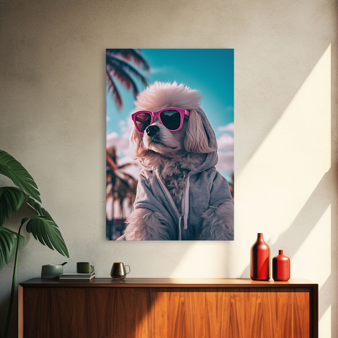 Poodle In Grey Hoodie Sunglasses Wall Print, Dog Art Print, Dog Portrait, Dog Print, Framed Wall Art, Framed Canvas, Wall Print, Wall Canvas