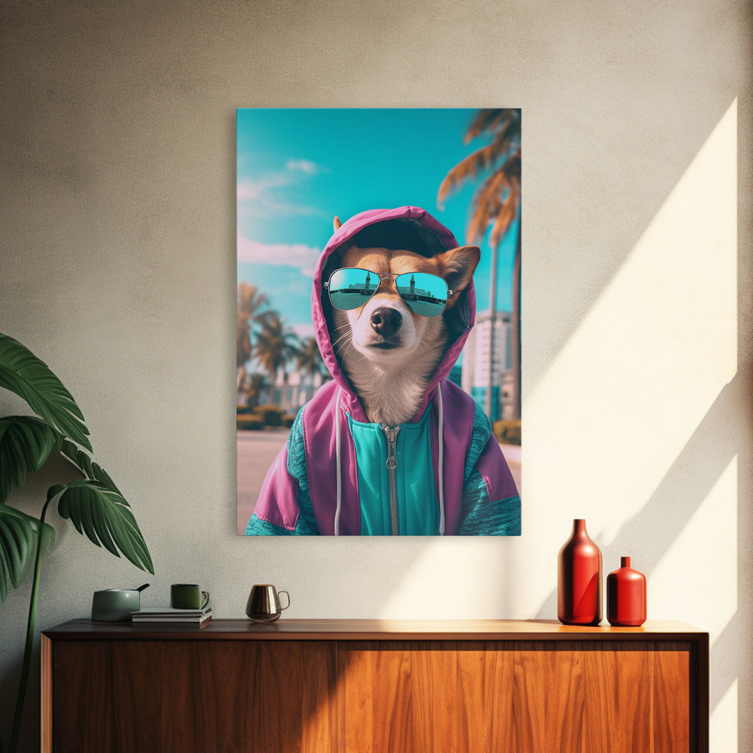 Corgi In Pink And Blue Hoodie Sunglasses Wall Print, Dog Art Print, Dog Portrait, Framed Wall Art, Framed Canvas, Wall Print, Wall Canvas