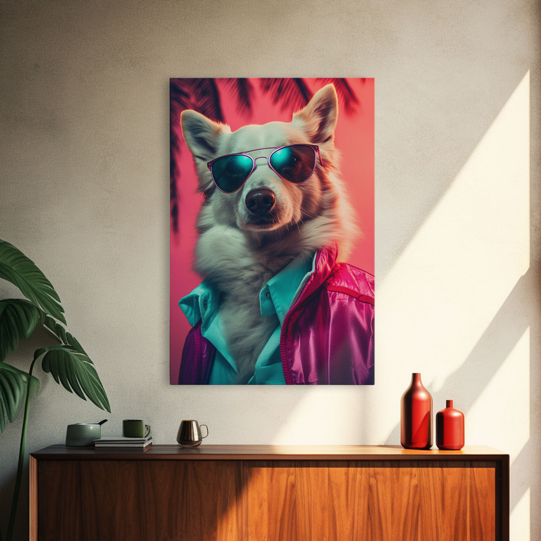 Corgi In Pink Suit Sunglasses Wall Print, Dog Décor, Dog Art Print, Dog Portrait, Framed Wall Art, Framed Canvas, Wall Print, Wall Canvas