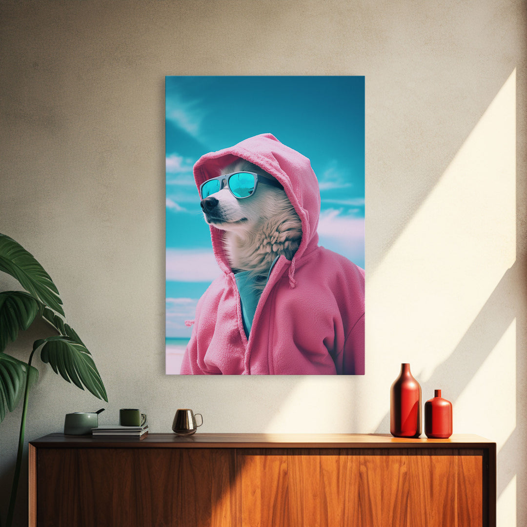 Husky In Pink Hoodie Sunglasses Wall Print, Dog Décor, Dog Print, Dog Portrait, Framed Wall Art, Framed Canvas, Wall Print, Wall Canvas