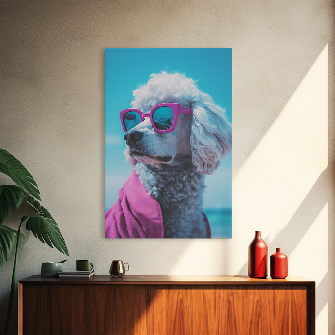 Poodle In Pink Shirt Sunglasses Wall Print, Beach Art, Dog Print, Dog Portrait, Framed Wall Art, Framed Canvas, Wall Print, Wall Canvas