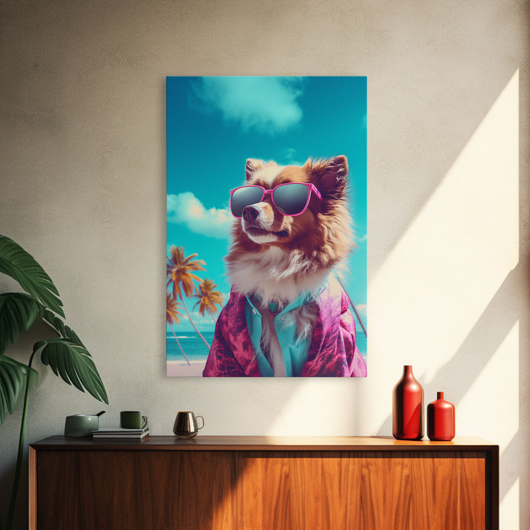 Pomeranian In Pink Shirt Sunglasses Wall Print, Beach Art, Dog Print, Dog Portrait, Framed Wall Art, Framed Canvas, Wall Print, Wall Canvas