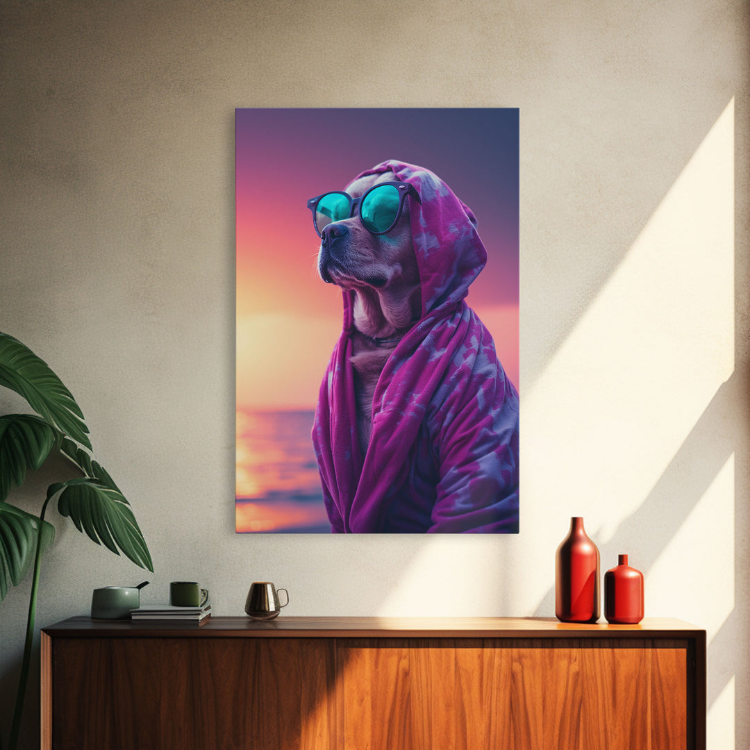 Pit Bull In Pink Hoodie Sunglasses Wall Print, Beach Art, Dog Print, Dog Portrait, Framed Wall Art, Framed Canvas, Wall Print, Wall Canvas