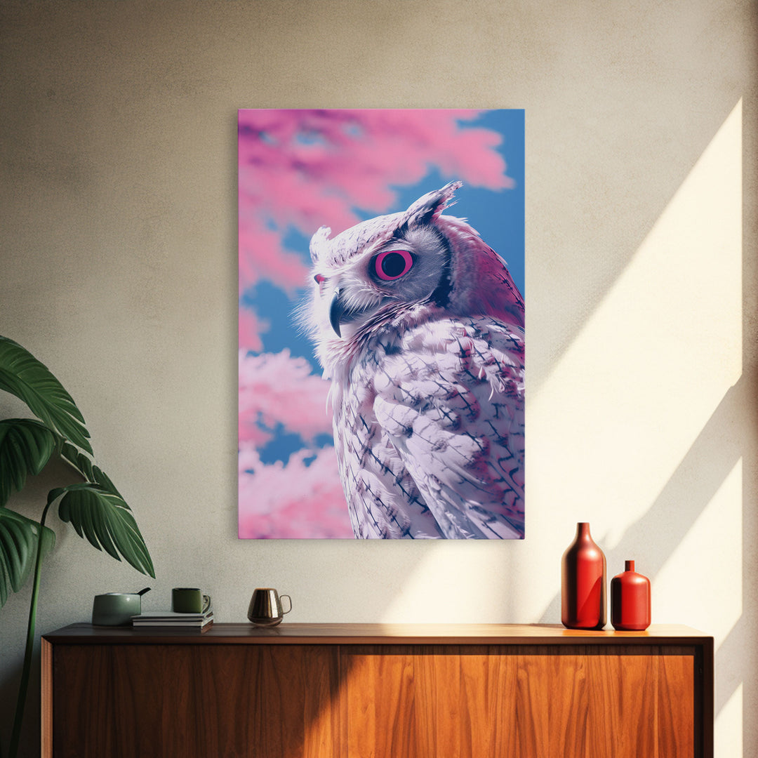 White Owl Wall Print, Animal Art Print, Pink Clouds, Wildlife Art, Bird Wall Art, Framed Wall Art, Framed Canvas, Wall Print, Wall Canvas