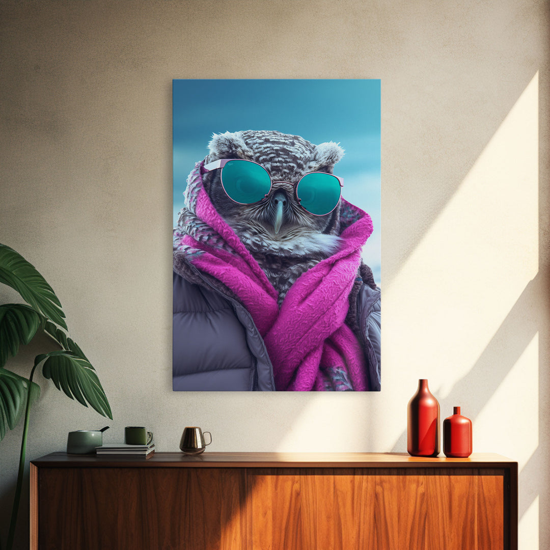 Owl In Jacket Sunglasses Wall Print, Animal Art Print, Bird Art, Animal Portrait, Framed Wall Art, Framed Canvas, Wall Print, Wall Canvas