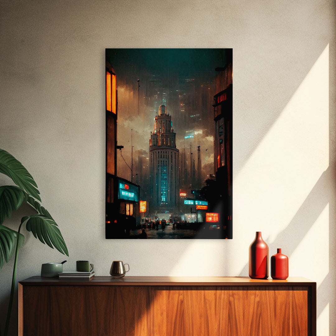 Art Deco Cyberpunk Cityscape Canvas Print, Scifi art, cool wall art for mancave, dystopian art, architecture