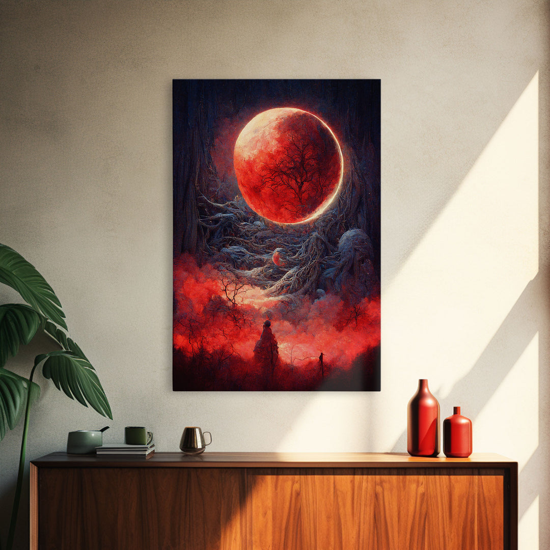 Spooky Horror Canvas Print, Bloodmoon Sunset, Blood moon, Halloween Wall Art, Cosmic Horror, Ready To Hang