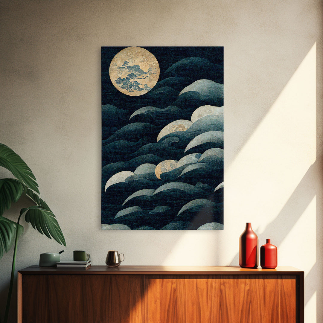 Japanese Style Wall Art, A Stormy Sea and Full Moon, Canvas Print, ready to hang wall art