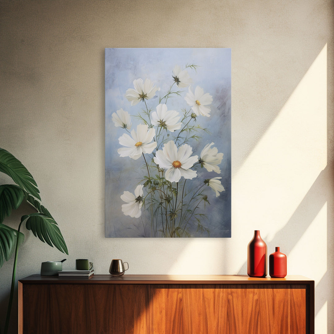 Cosmos Art Print - Framed Canvas Art - Oil Painting Poster Print  - White Flowers Still Life - Small Flower Bouquet Oil Painting Wall Art