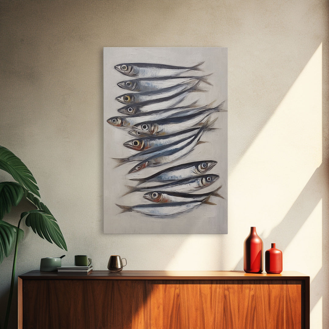 Sardines Art Print - Framed Canvas Art - Oil Painting Still Life Print - French Kitchen Art - Restaurant Art - Boho Farmhouse Decor