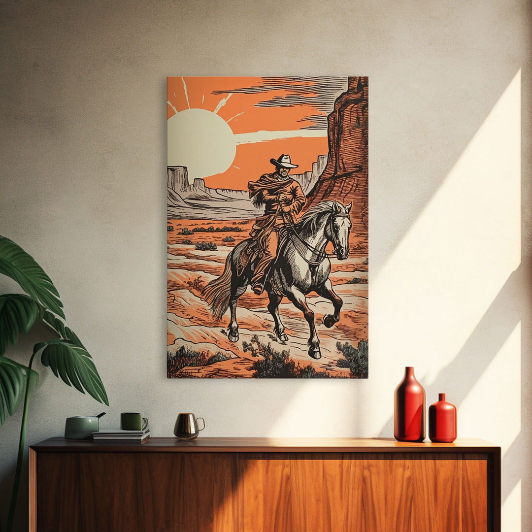 Rustic Horse Rider Oil Painting Canvas Print, Vintage Western Cowboy Art, Southwest Room Decor, Countryside Print, Country Art