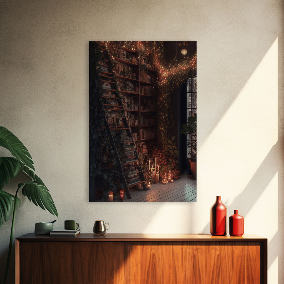 The Winter Library, Victorian Era Library with Ladder Art, Framed Canvas Print, Unique wall decor