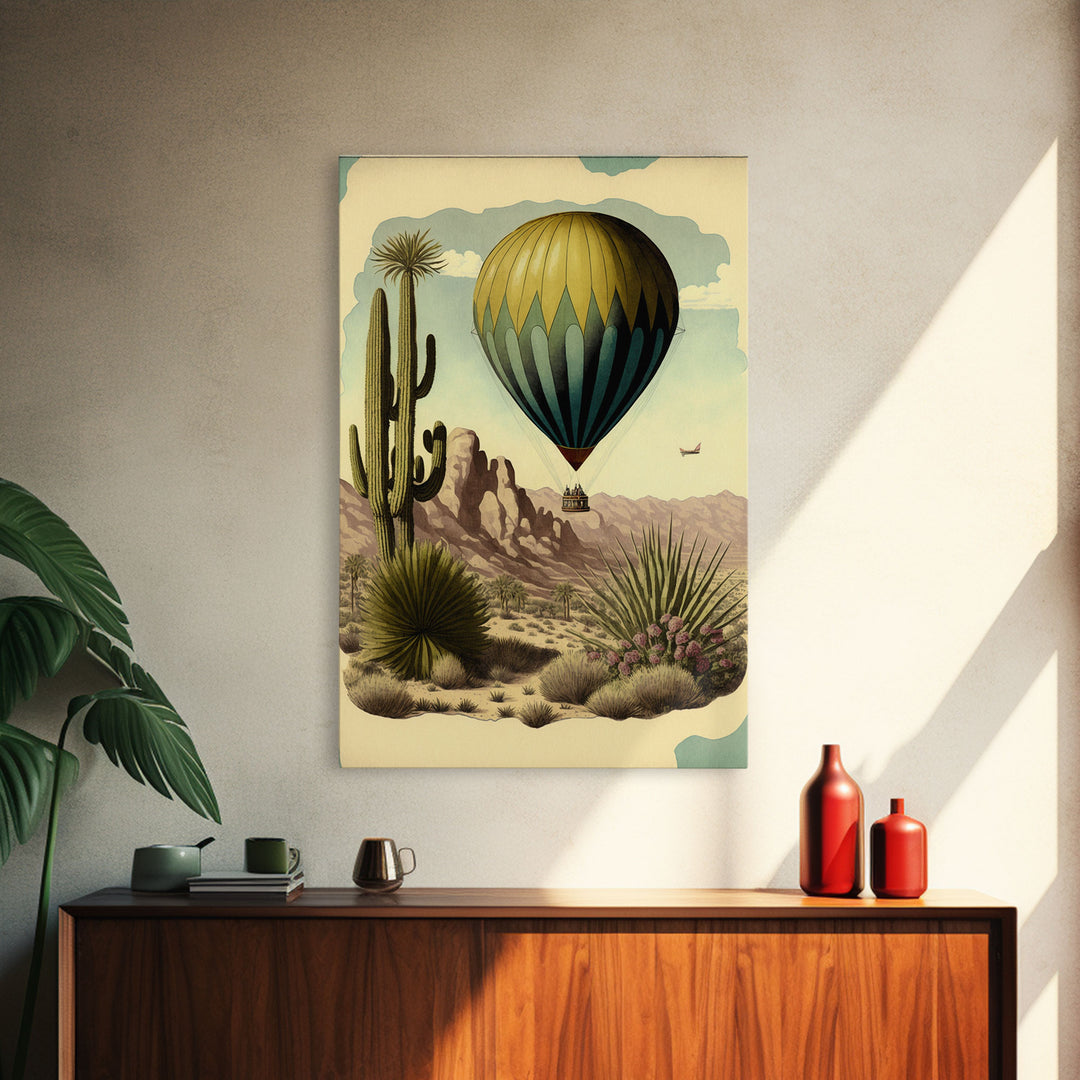 Retro Art Deco Style Hot Air Balloon Art, Framed Canvas print, framed wall art, desert landscape with cactus