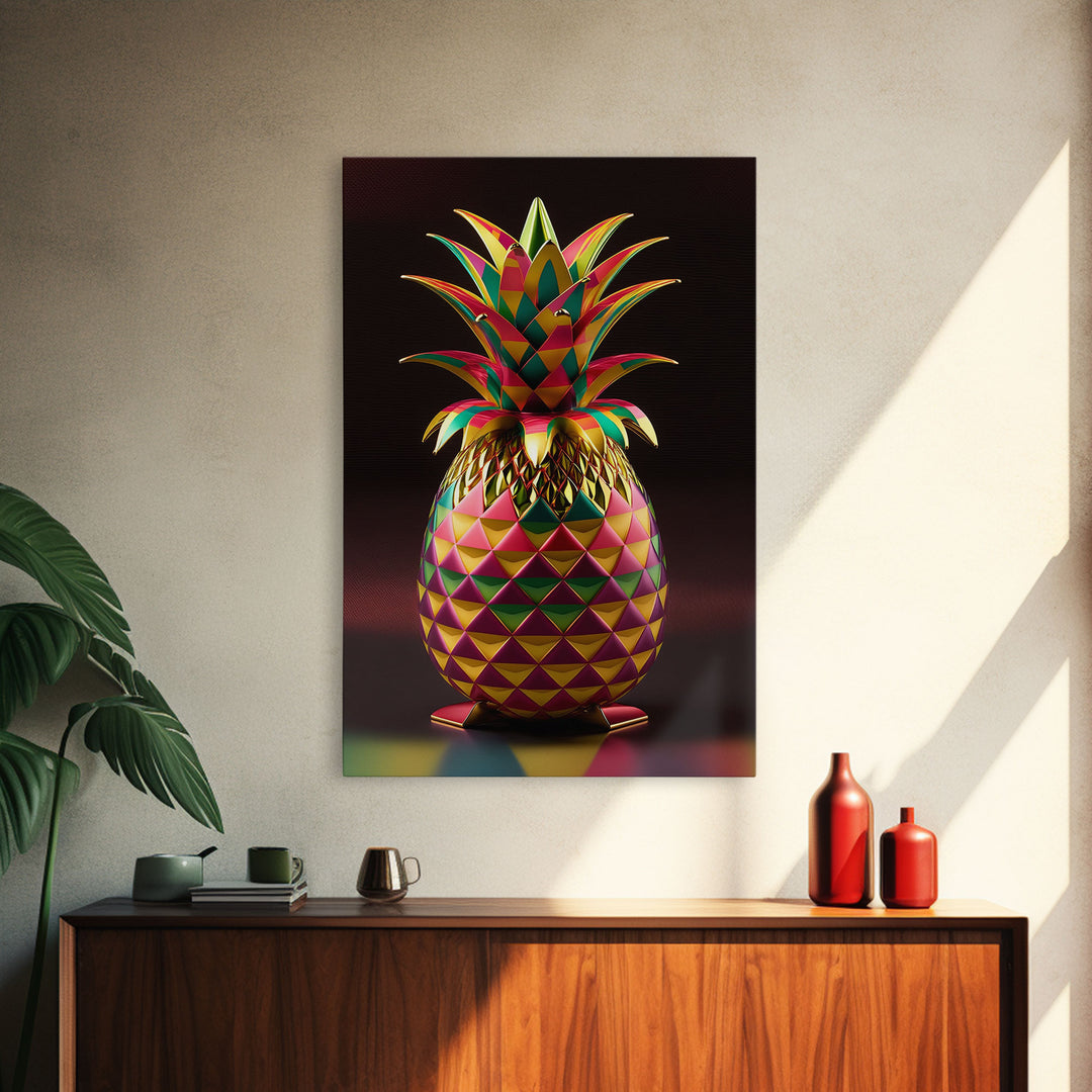 Metallic Pineapple Pop Art, Framed Canvas Print, Unique colorful wall art, Fruit Art