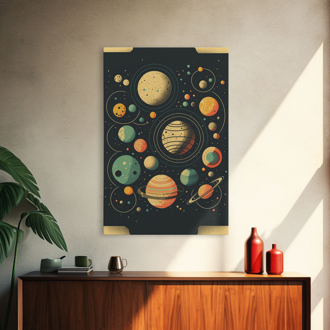 Art Deco Inspired Planetary Solar System Art, Framed Canvas Print, Cute Nursery Decor