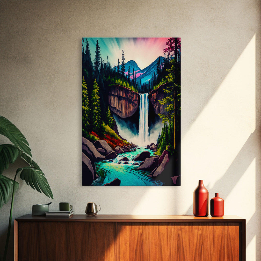 Yellowstone, Watercolor of a secret forest waterfall, framed canvas print, fantasy wall decor