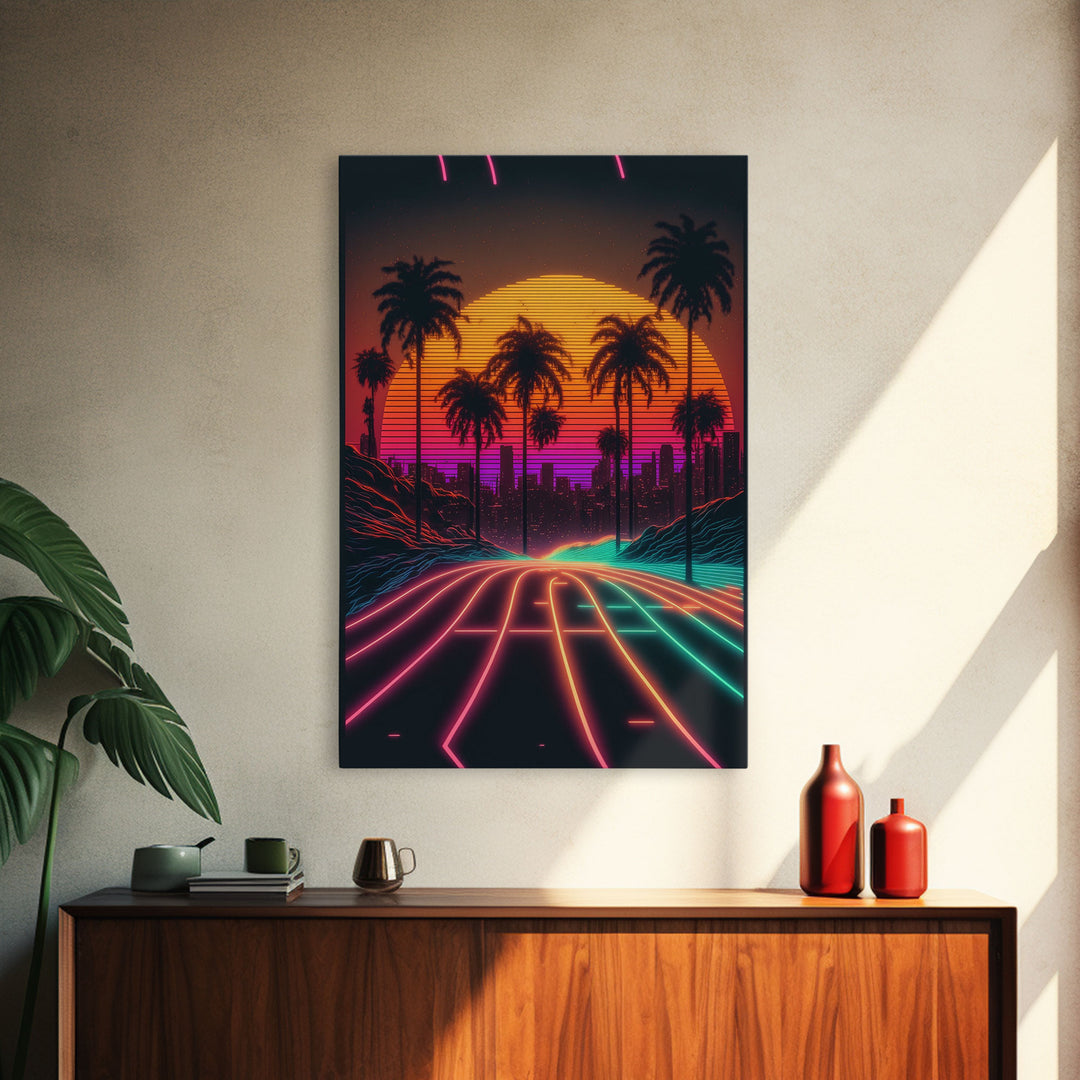 Neon Wireframe Road at Sunset, Outrun / Synthwave Palm Tree Art, 80s Retro Inspired Art, Framed Canvas Print