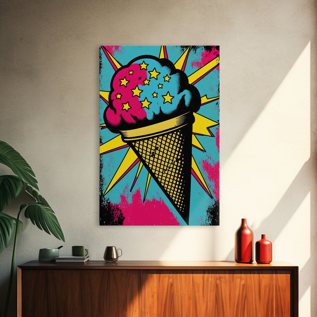 Pop Art Ice Cream, Psychedelic Ice cream cone, framed canvas print, large wall art, wall decoration, ice cream shop art