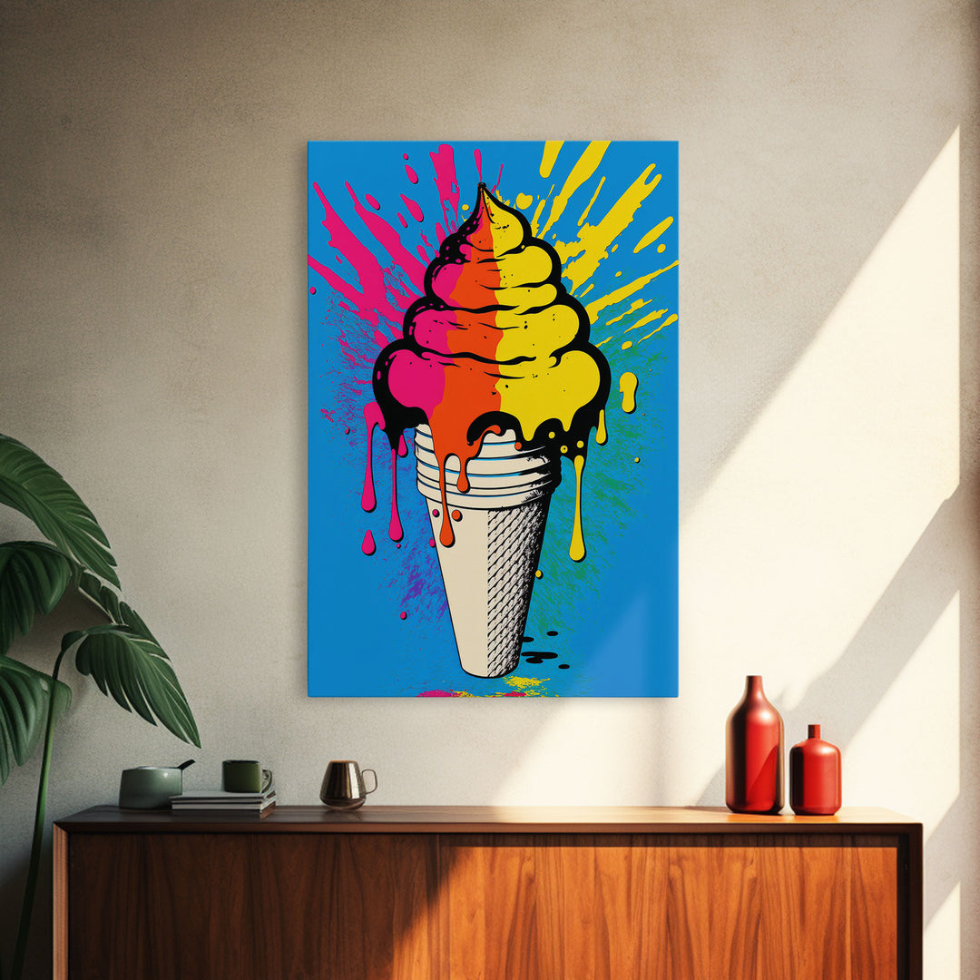 Pop Art Graffiti Ice Cream, Framed Canvas Print, Unique Colorful Wall Art, Paint Splatter Graffiti art, large wall art home decor