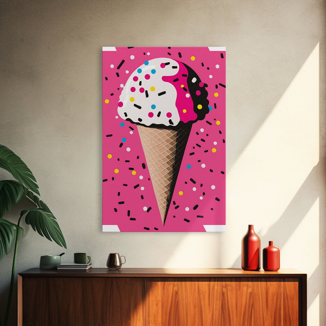 Pop Art Graffiti Ice Cream With Sprinkles, Framed Canvas Print, Colorful Wall Art, Paint Splatter Graffiti art, large wall art home decor