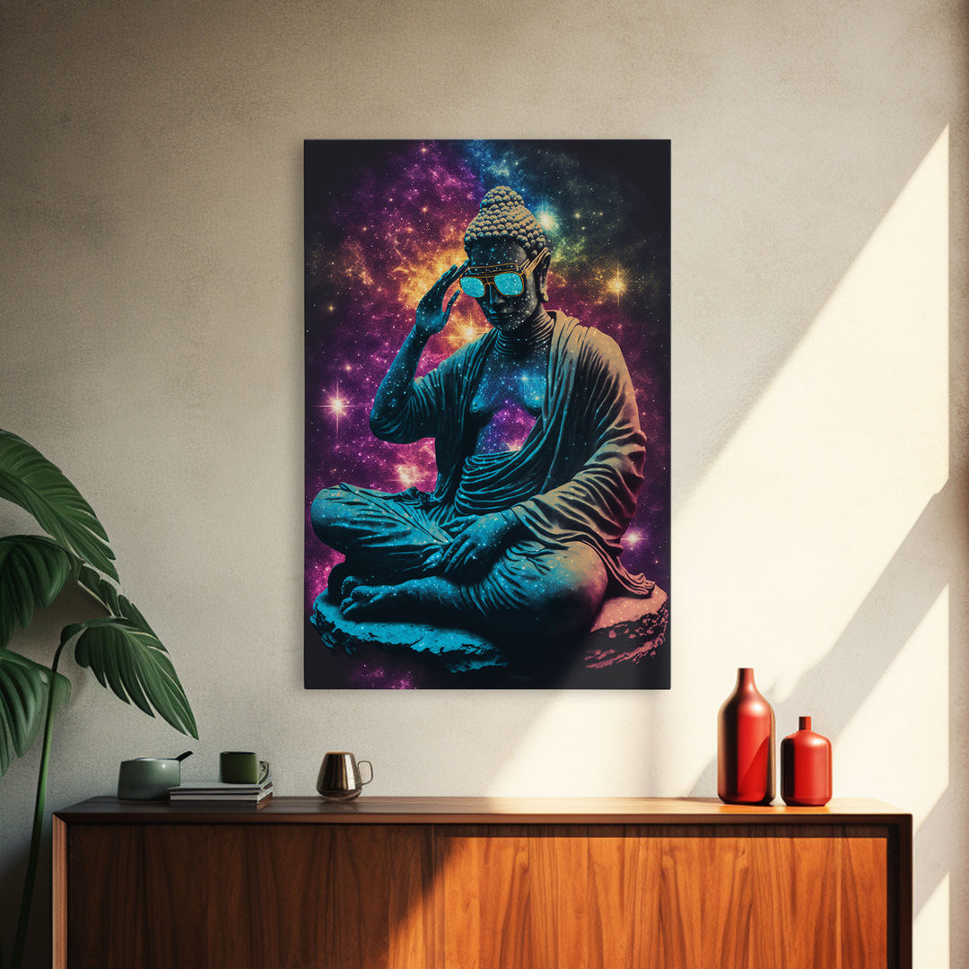 Psychedelic Buddha Wearing Aviators / Sunglasses, Meditation Art, Framed Canvas Print