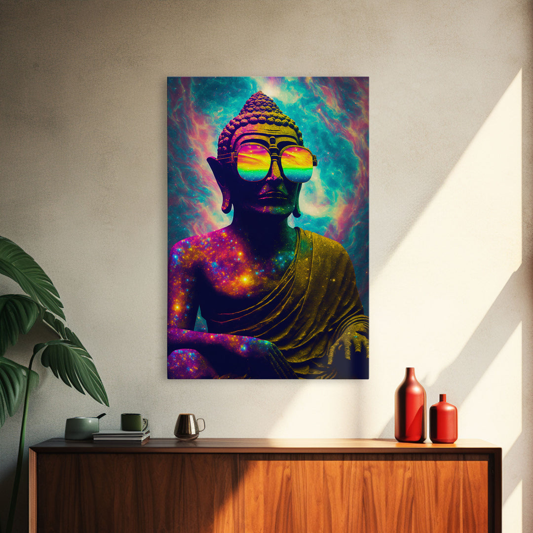 Open Your Mind, Psychedelic Buddha Wearing Aviators / Sunglasses, Meditation Art, Framed Canvas Print, Color Pop Art