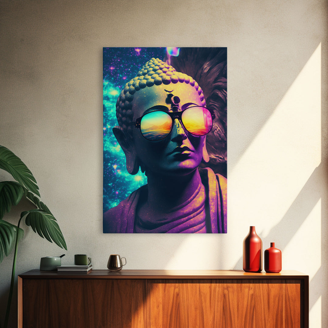 Open Your Mind, Psychedelic Buddha Statue Wearing Aviators / Sunglasses, Meditation Art, Framed Canvas Print, Color Pop Art