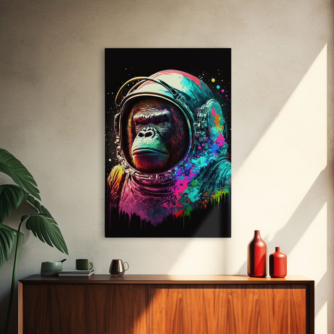 To The Moon, Space Gorilla Astronaut, Framed Canvas Print, GME, NFT Style Decor, Large Wall Art, Ape Astronaut, Psychedelic Graffiti Art