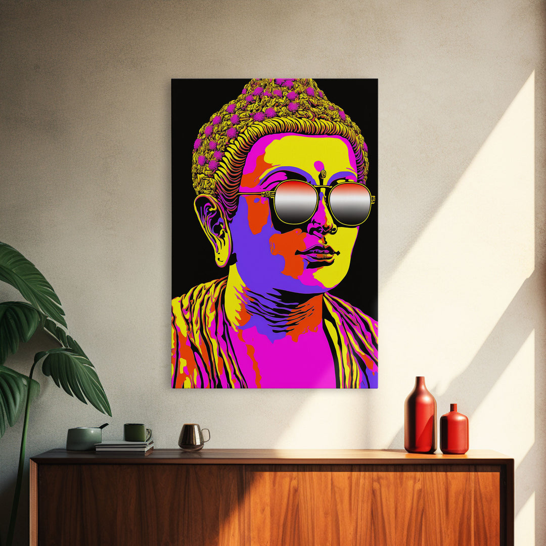 Heatwave Buddha Statue Wearing 80s Style Sunglasses, Framed Canvas Print, Psychedelic Meditation Buddhism Art, Art Deco Sunburst Buddha Art