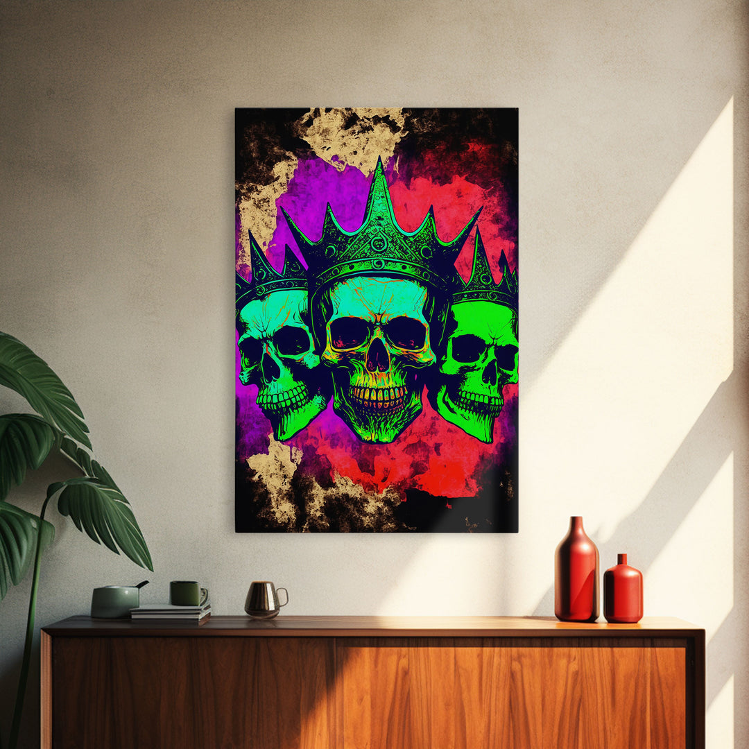 Psychedelic Skull With The Gold Crown, Framed Canvas Print, Unique Fantasy Undead Wall Art, Trippy Art