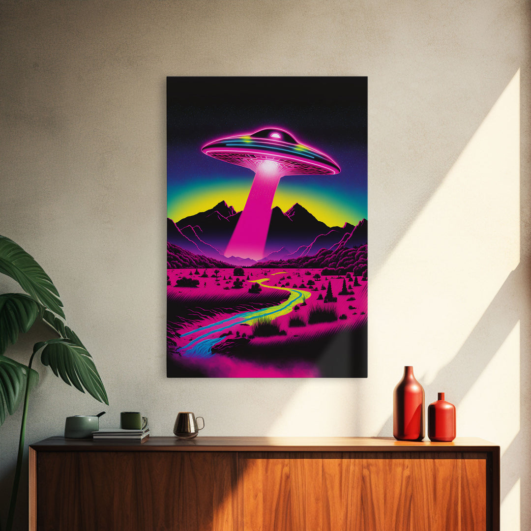 Psychedelic UFO Art, The Abduction, Retro 80s Style Scifi Art, Framed Canvas Print