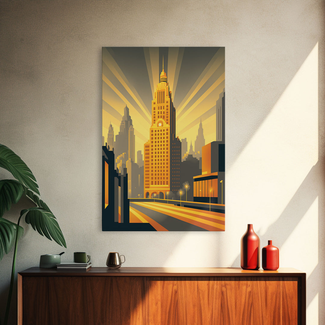 Art Deco Architecture, Framed Canvas Print, 1930s Style Art Deco City Skyline